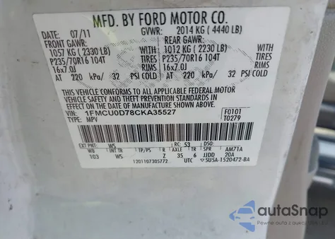 2012 Ford Escape Xlt из США, поврежденный, VIN 1FMCU0D78CKA35527